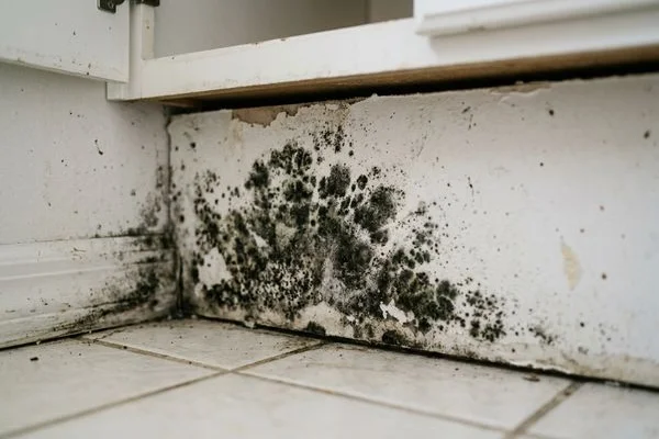 Black mold colony in bathroom before remediation