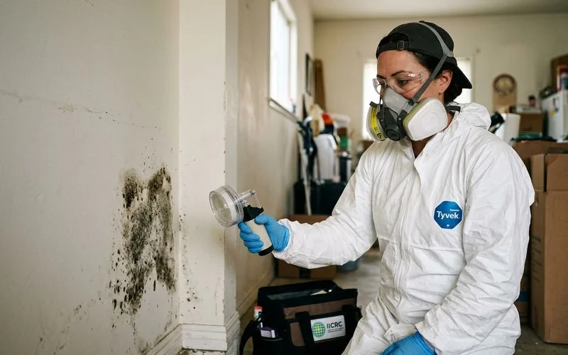 Certified mold inspector collecting a spore-trap sample in full PPE