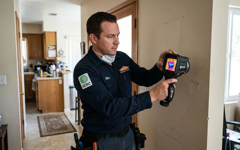 Thermal imaging camera revealing hidden moisture behind a wall