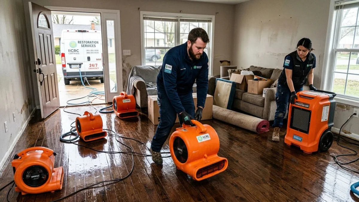 IICRC team setting up structural drying equipment in a living room